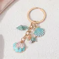 Exquisite gold-tone ocean keychain featuring teal oil-drop seashell and starfish charms - E7178(3*8cm-12g)