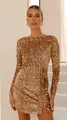 Sparkling gold sequined long-sleeve mini dress featuring a chic side slit detail - XS / Top And Bottom / Apricot