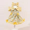 Dettaglio di abito floreale per animali stile Lolita con colletto a quadretti - XS / Vestito e Fiocco per Capelli Abbinato / Set Vestito Lolita Floreale Giallo