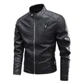 Slim fit men's black PU leather motorcycle jacket with stand collar and zipper pockets - Black / M
