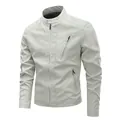 Men's slim fit light grey PU leather motorcycle jacket featuring a stylish stand collar - White / M