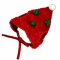 Red plush Christmas hat for cats and dogs with green pom-poms and ear holes - Christmas Red Hat Style