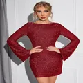 Elegant red sequined backless mini dress featuring stylish long bell sleeves for parties. - S / Red
