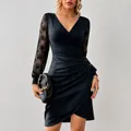 Elegant black V-neck dress with lace long sleeves and ruched waist detail - S / Black