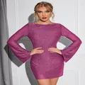 Elegant magenta sequin mini dress featuring long bell sleeves and a shiny glitter finish - S / Pink