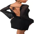 Elegant black backless mini dress with sheer mesh long sleeves for party club wear - Black Mesh Sleeves
