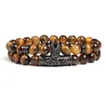 Set of two 8mm tiger eye stone beaded bracelets with black micro-pave crown charm. - Antique Silver Accessory Style (g357-4) / Set of 2