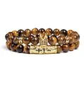 Set of two 8mm tiger eye beaded bracelets with gold crown and cross tube charms - Gold Accessory Style (g357-2) / Set of 2