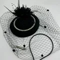 Edler schwarzer Fascinator Hut mit Schleier und Perlen im Vintage-Stil für Hochzeiten - Schwarz