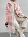 Stylish pink and white checkered long plush coat with lapel collar and soft fleece texture - Pink & White Plaid