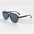 Angled detail view of classic double-bridge aviator sunglasses with dark lenses. - Aviator Style (1875) / Glossy Black Frame Grey Lens