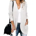 Stylish women's white chunky knit cardigan featuring a curved hem and practical pockets - S / Tops / White