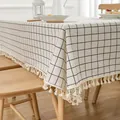 Modern minimalist grid plaid linen tablecloth featuring elegant decorative tassel trim - 30cm x 60cm / White Grid Black Lines (Tassel Edge)