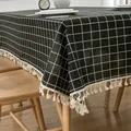 Modern black and white grid linen tablecloth with elegant cream tassels for home dining table. - 30cm x 60cm / Black Grid White Lines (Tassel Edge)