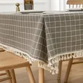 Modern minimalist grey and white checkered linen tablecloth with stylish tassel fringe - 30cm x 60cm / Grey Grid White Lines (Tassel Edge)