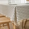 Modern grey geometric triangle print linen tablecloth with decorative tassel fringe - 30cm x 60cm / White Grey Triangle (Tassel Edge)