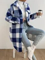 Blue and white plaid plush coat for women featuring a lapel collar and loose fit. - S / Tops / Blue & White Plaid