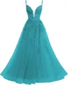 Detail of teal tulle prom dress with lace appliqués and deep V-neckline spaghetti straps - XS / Bottoms / Lake Blue