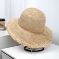 High-quality natural raffia straw sun hat featuring a wide frayed brim and elegant bow - One Size(Adjustable) / Bowknot Raw Edge Style (LF1047)