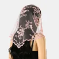 Pink embroidered floral lace triangular scarf for elegant hair styling and retro photos - 130x45cm / Light Pink
