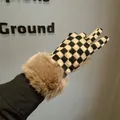 Elegant checkered wool-blend winter gloves with beige faux fur cuff and touchscreen support. - Coffee and Black Plaid