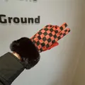 Red and black checkered wool gloves with black faux fur trim for women winter wear - Red/Black Plaid