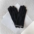 Elegant black touchscreen wool gloves with stylish plaid buckle for winter women - Black