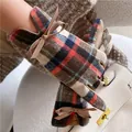 Warm plaid wool gloves with elegant bow detail and touchscreen finger pads - Red Coffee Plaid