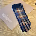 Elegant women's plaid tweed winter warm gloves with touchscreen fingertips for smartphones - Dark Blue Houndstooth