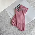 Pink touchscreen gloves for women with elegant houndstooth trim and buckle detail - Pink