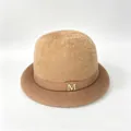 Elegant camel knit cloche hat for women featuring a fuzzy texture and gold M buckle - M (56-58cm) / Khaki (With M Logo)