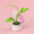 Handmade crochet potted plant featuring a pink gourd and white flower for elegant desk decor - Pink Gourd Potted Plant
