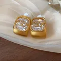 Luxurious gold plated square earrings featuring large zircon stone and V logo design - 24# Silver Needle - Gold