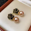 Elegant black camellia flower earrings with champagne pearl drops and zircon border - 51 Silver Needle - Gold - Brown