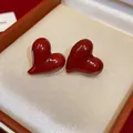 Elegant dark red heart-shaped stud earrings in a glossy finish gold plating - 53 Silver Needles - Gold - Red