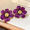 Elegant vintage purple flower stud earrings featuring enamel petals and gold plating - 31 Silver Needles - Gold - Purple