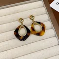 Elegant real gold plated tortoiseshell resin geometric teardrop dangle earrings for women - 38 Silver Needle - Gold - Brown