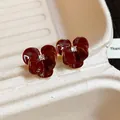 Elegant burgundy enamel flower stud earrings with zircon center gold plated - 49 Silver Needles - Gold - Red