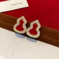 Elegant gourd-shaped earrings featuring red enamel and pavé cubic zirconia in gold finish - 55 Silver Needle - Gold - Red