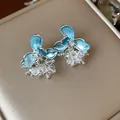 Elegant blue enamel flower stud earrings with hanging clear crystal bead clusters - 27 Silver Needles - Silver - Blue