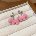 Cute pink flocked puppy stud earrings with dangling heart zircon in jewelry box display. - 57 Silver Needle - Silver - Pink