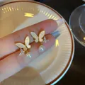 Exquisite real gold-plated butterfly stud earrings with zircon and round white pearls - 21 Silver Needles - Gold