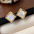 Square gold-plated stud earrings with mother-of-pearl inlay and silver needle posts - 13 Silver Needles - Gold - Diamond Shape