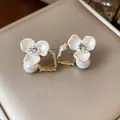 Elegant flower pearl stud earrings with zircon square crystal in light gold plating - 25 Silver Needles - Gold - White