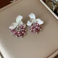 Silver needle zircon pearl stud earrings with white flower and purple cluster - 26 Silver Needles - Silver - White - Purple