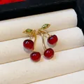 Elegant gold-plated cherry drop earrings with green zircon leaves and red beads - 50 Silver Needles - Gold - Red