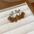 Cute brown flocked dog stud earrings with a sparkling heart-shaped cubic zirconia - 58 Silver Needle - Silver - Light Brown