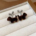 Exquisite brown flocked dog earrings featuring sparkling zircon accents and silver needles - 59 Silver Needle - Silver - Dark Brown