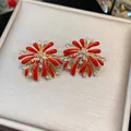 Elegant red firework floral stud earrings featuring gold plating and clear zircons - 61 Silver Needles - Gold - Bright Red