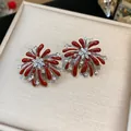 Exquisite red firework-shaped stud earrings with sparkling cubic zirconia accents - 62 Silver Needles - Gold - Dark Red
